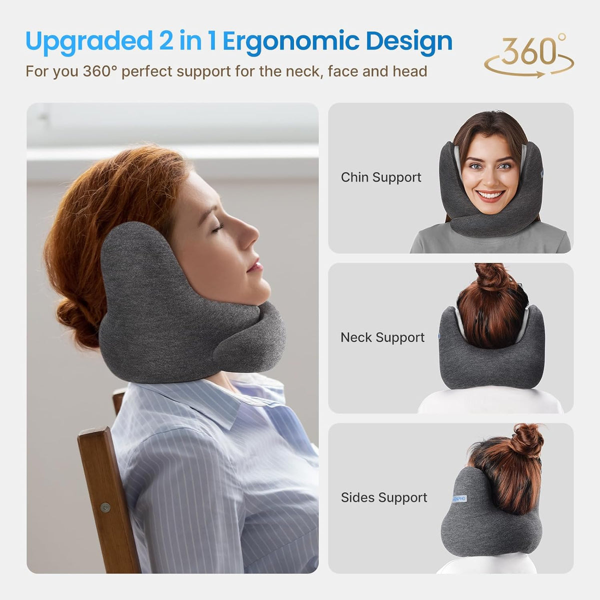 Advertisement showcasing a RENPHO Neck Pillow with images demonstrating its various uses: neck, chin, and side support for sleeping upright, and a woman happily using it. The Renpho EU