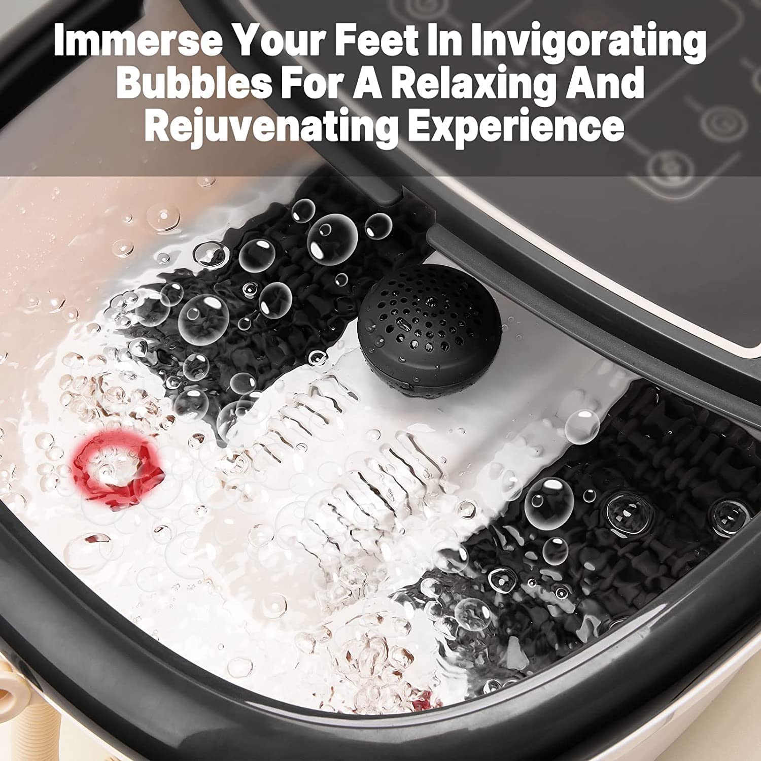 A Renpho EU foot spa massager with fast heating showing a single foot immersed in bubbling water, demonstrating the spa's features like textured bottom and water jets for massage, with red nail polish on toenails and a portion of the foot.