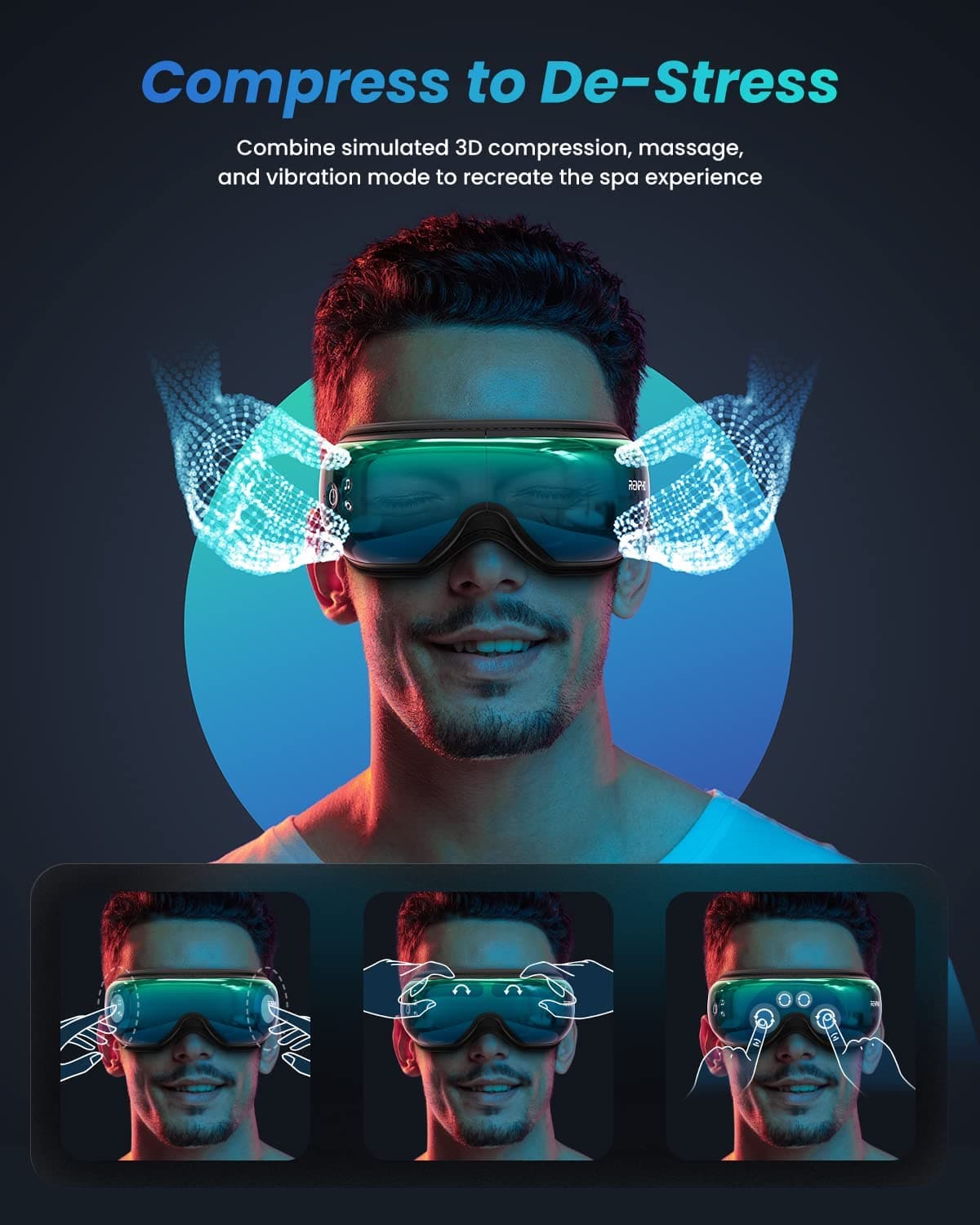 A man wearing the Renpho EU Eyeris 1 Eye Massager in Sliver Teal with glowing edges and digital wings on the sides, designed specifically as an eye massager for migraine relief. Below are four smaller images showing different functions of the mask.