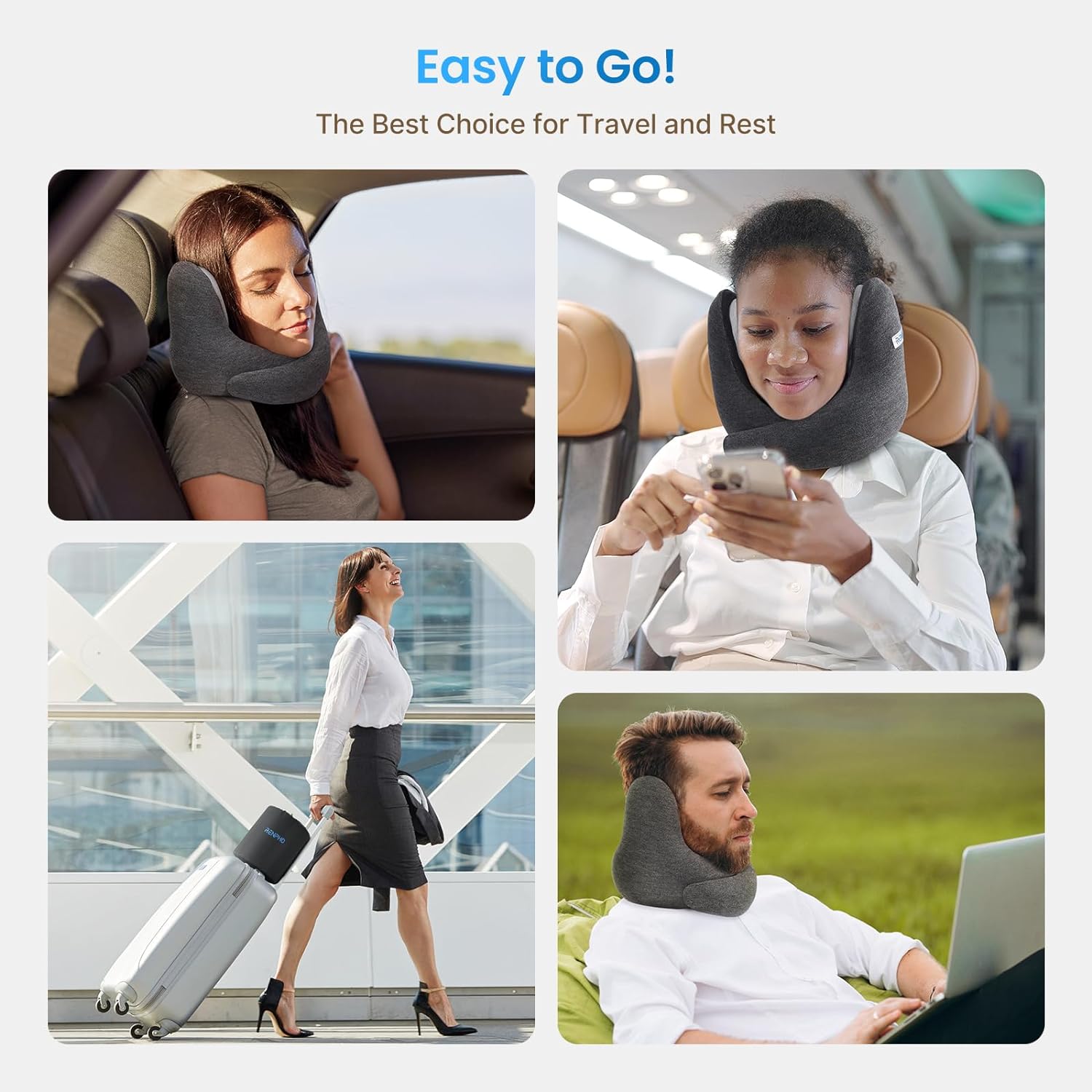 Advertisement for RENPHO Neck Pillows featuring memory foam, with four images: a woman asleep in a car, a woman using her phone on a train, a woman walking with a suitcase at an airport, and.
