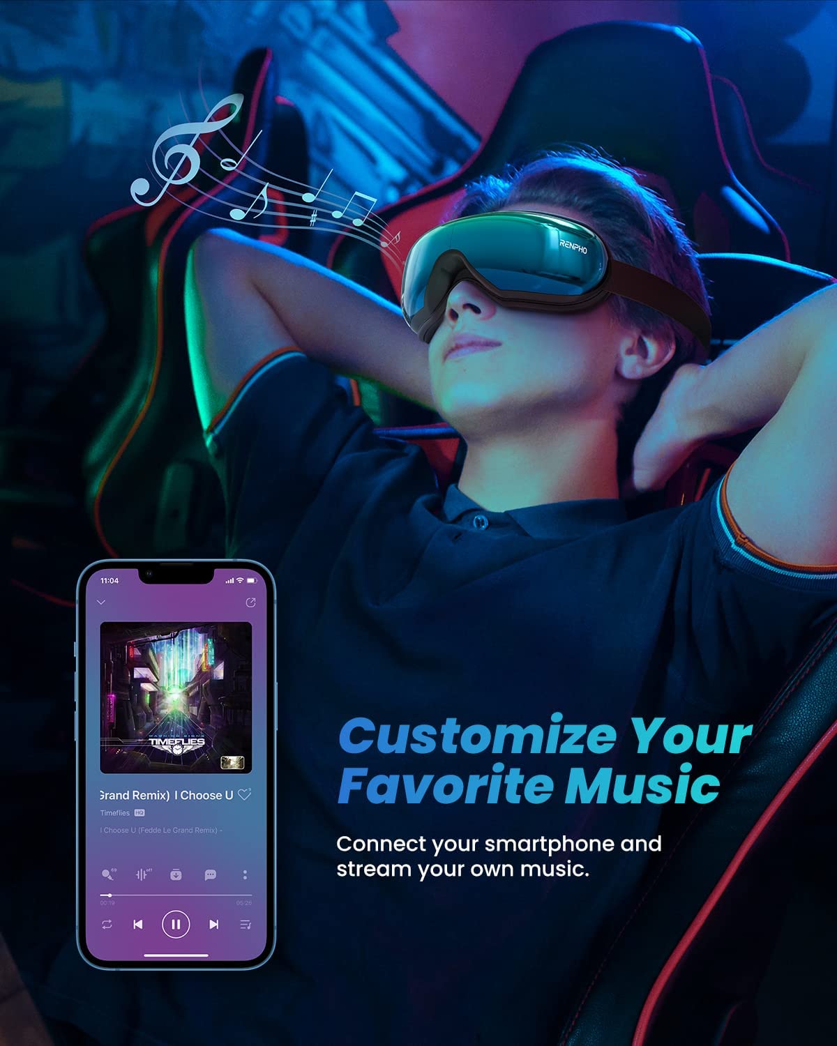 A person relaxes in a chair, wearing Renpho EU's Eyeris 1 Eye Massager - Silver Teal and headphones equipped with an eye massager, immersed in music. A smartphone displays a music app interface. Neon lights provide a vibrant backdrop.
