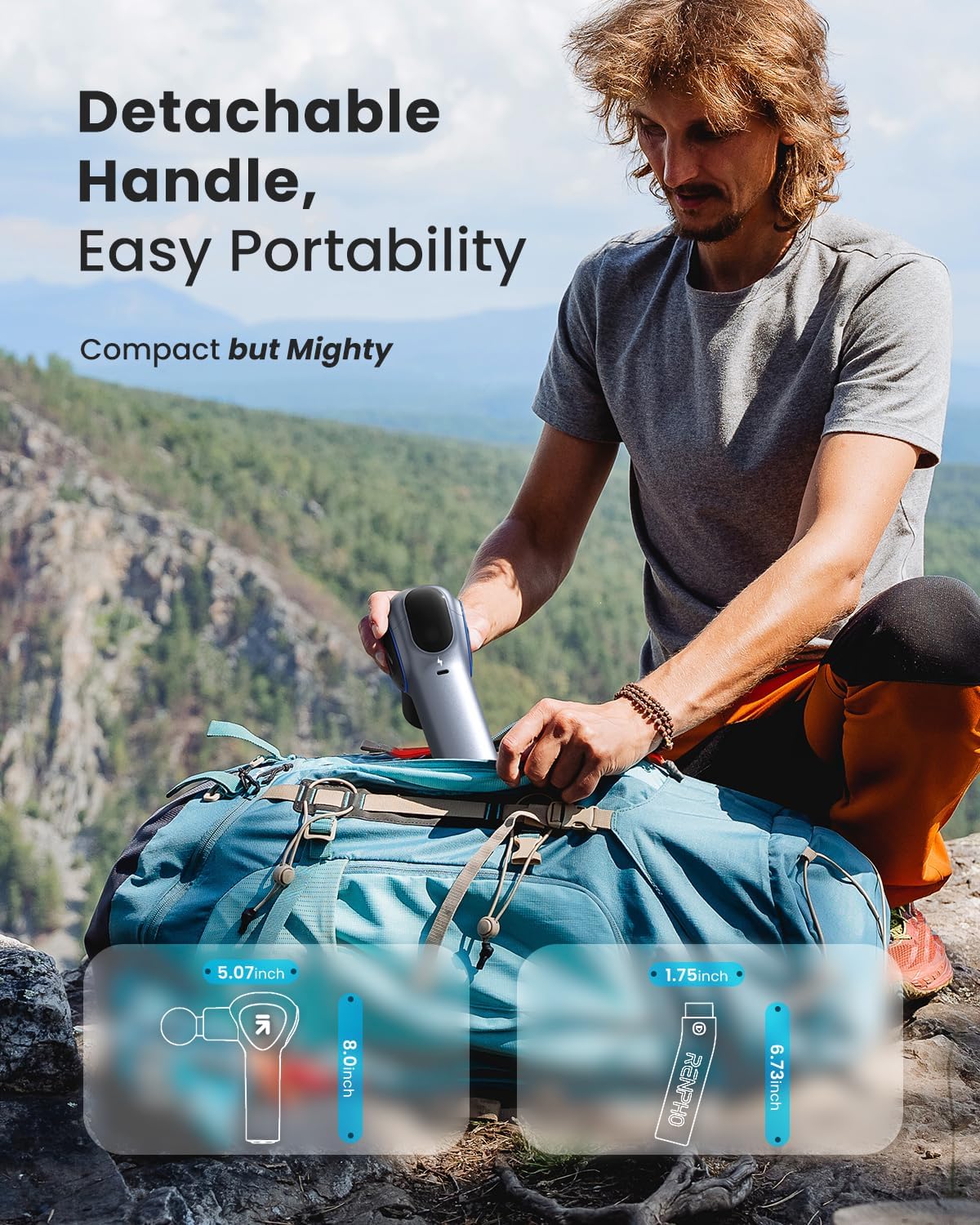 A man crouches on a rocky overlook, holding a Renpho Reach Massage Gun near a large blue duffle bag. The landscape features lush mountains under a clear sky. Diagrams highlight the device by Renpho EU.