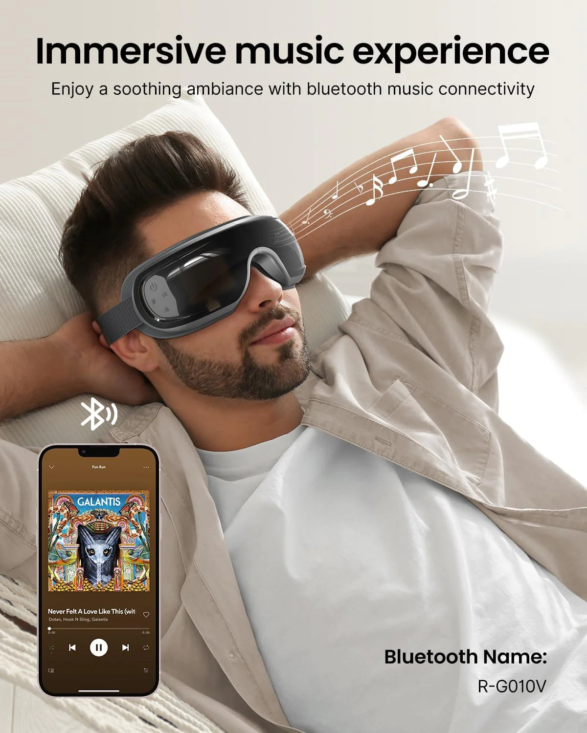 A man lounges on a couch wearing an Eyeris 3 Eye Massager by Renpho EU and a VR headset, enjoying music connected via Bluetooth to his smartphone, which displays an album cover. The image promotes an immersive and relaxing music experience.