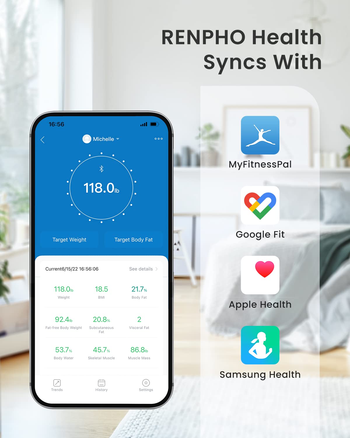 An advertisement for Renpho EU's Smart Body Scale - Lite displaying its compatibility with MyFitnessPal, Apple Health, and Samsung Health. It features a smartphone showing detailed body composition data and health indices on the app.