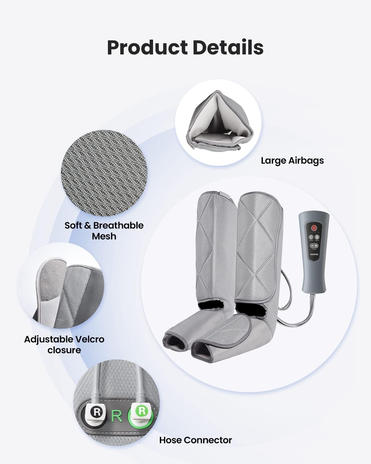 Image of Aeria Elementary Calf and Foot Massager details featuring separate sections. It includes a close-up of soft, breathable mesh, a large airbag, adjustable leg wrap closures, and a hose connector by Renpho EU.