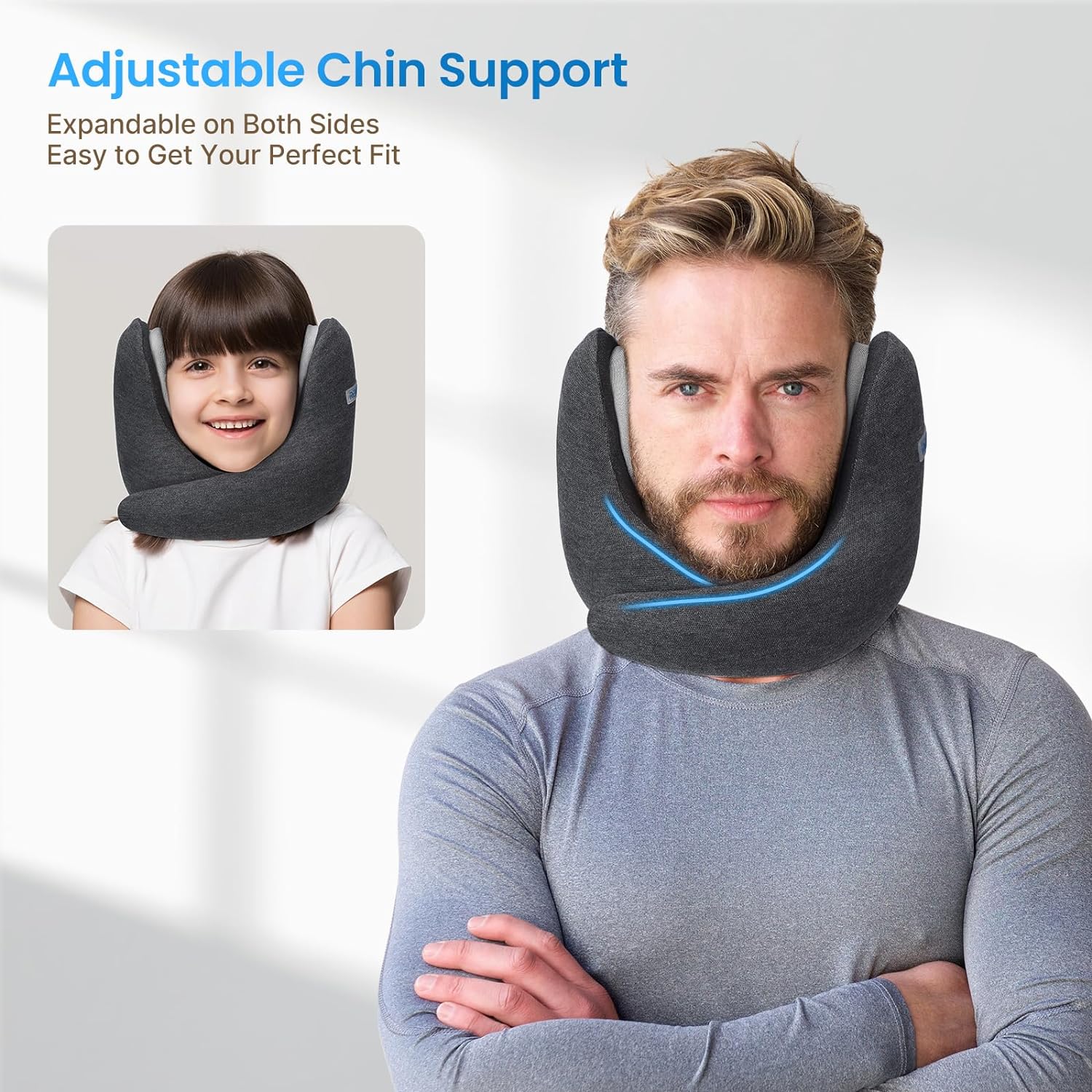 An advertisement image featuring a man and a girl modeling Renpho EU gray memory foam neck pillows with adjustable chin support. The man, with folded arms, appears on the right whereas the girl, smiling, is shown on the left.