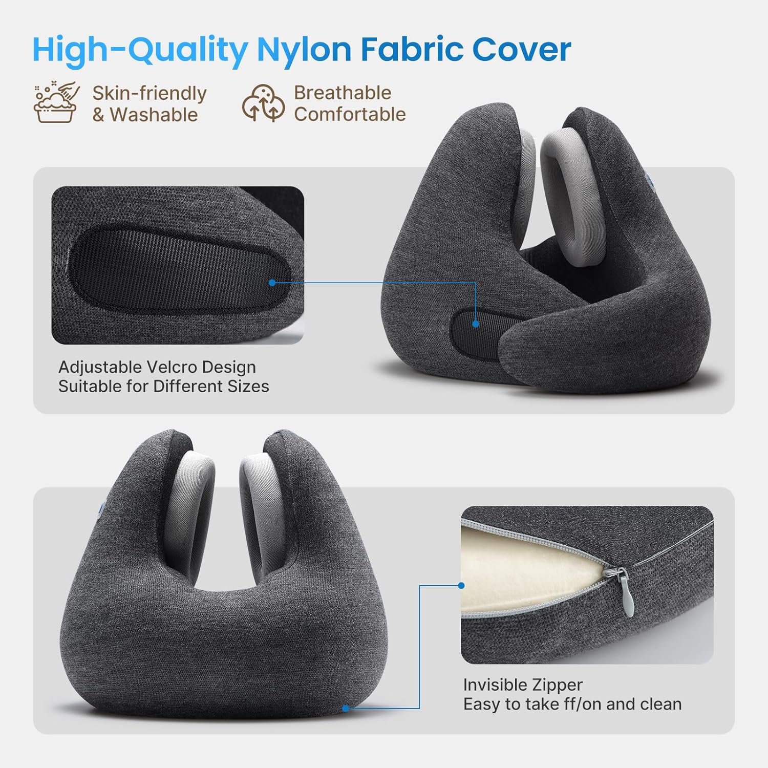 Promotional image of a high-quality, gray RENPHO Neck Pillow featuring skin-friendly, washable fabric, adjustable velcro design, breathable comfort, and an invisible zipper for easy cleaning. Four views show Renpho EU.