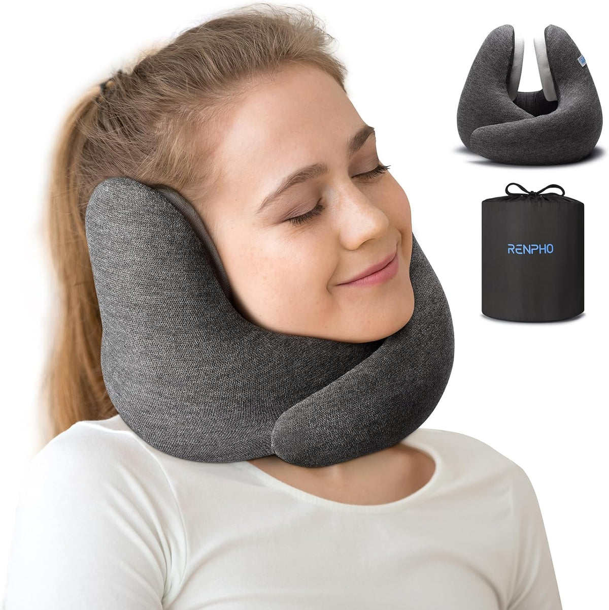 A woman with her eyes closed enjoys using a gray memory foam Renpho EU neck pillow. Inset images show the Renpho neck pillow alone and a carrying case with brand logo "renpho" on it.