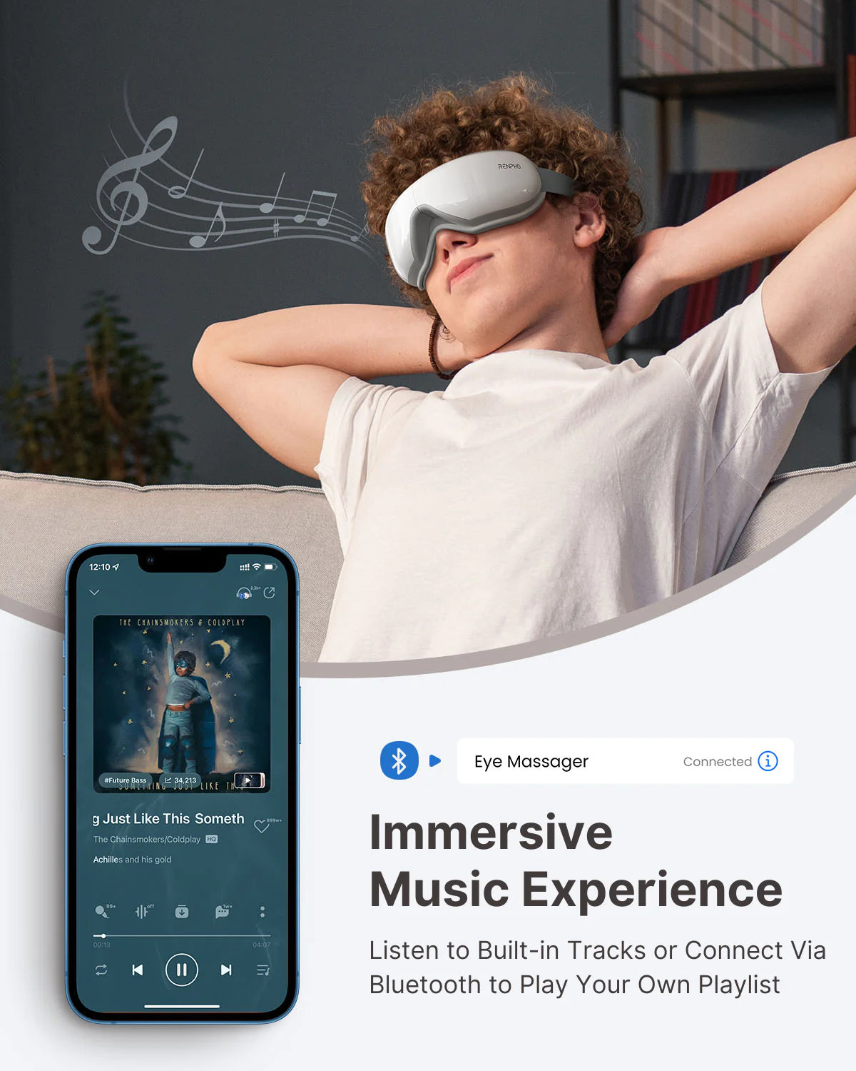 A relaxed young man wearing a white vr headset sits leaning back on a couch, arms behind head. Next to him, a smartphone displays a music app interface labeled "connected - Eyeris 1 Eye Massager," with Renpho EU.