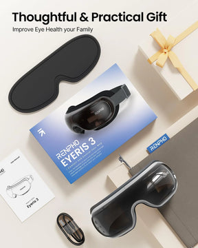 Promotional image for Renpho EU's Eyeris 3 Eye Massager featuring the device, a closed box with a gold ribbon, case, and user manual. Text emphasizes it as a thoughtful and practical gift for.