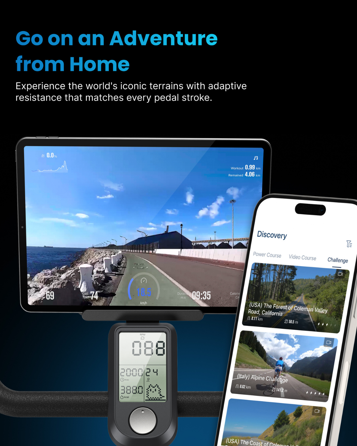 A promotional graphic for AI Smart Bike S by Renpho EU featuring a tablet and smartphone showing virtual cycling trails and wellness metrics, alongside a bike computer displaying ride data, set against a dark background with the text "go on an