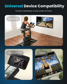 An advertisement showcasing universal device compatibility for exercise equipment: a woman on a Renpho EU AI Smart Bike S connects to various screens—a smart TV, a smartphone, and a tablet—all displaying workout guides for enhanced wellness.