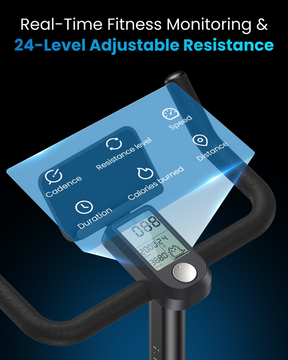 Digital display on an AI Smart Bike S by Renpho EU showing metrics such as cadence, resistance level, speed, calories burned, and distance, with a headline about real-time wellness monitoring and adjustable resistance.