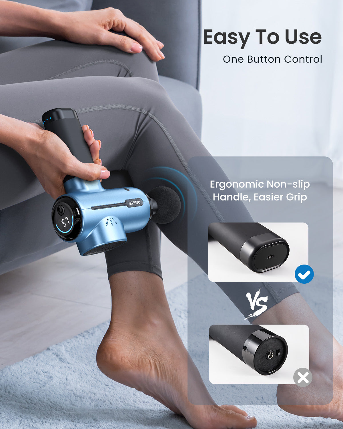 A person uses a Renpho EU massage gun on their calf while sitting. The design highlights features like "easy to use" and a "non-slip handle." Comparative visuals accentuate the ergonomic grip versus conventional.