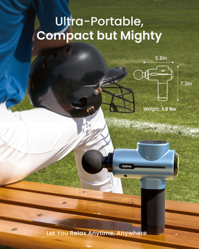A baseball player in white and blue, sitting on a wooden bench, uses a RENPHO Massage Gun in black and blue on his shoulder. The ad highlights the device's small size ("5.8in by Renpho EU").