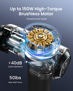 An advertisement for a RENPHO Massage Gun, featuring a transparent, detailed close-up view of the motor internals, highlighting copper coils and a sleek design with less than
