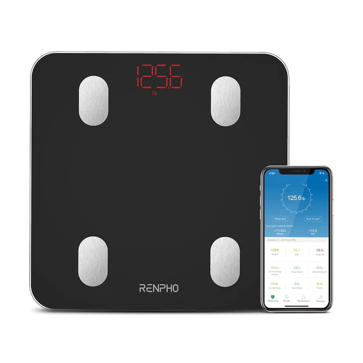 A digital Elis Smart Body Scale by Renpho EU, showing a weight of 126.6 lbs. It's black with four metallic sensor pads and a red LED display. Next to it is a