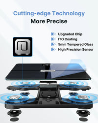 An infographic presents the advanced Elis Aspire Smart Body Scale by Renpho EU, with labels detailing its components. The text emphasizes "Cutting-edge Technology, More Precise" and showcases features such as "Wi-Fi Connectivity, Upgraded Chip, ITO Coating, 5mm Tempered Glass, High Precision Sensor." Additionally, an image revealing the scale's internal components is displayed.