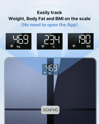 A digital Elis Aspire Smart Body Scale displaying weight, body fat percentage, and BMI readings: 46.9 kg, 23.4%, and 19.0, respectively. The background text reads, "Easily track Weight, Body Fat and BMI on the scale (No need to open the App) with Wi-Fi connectivity." The brand name "Renpho EU" is visible on the scale.