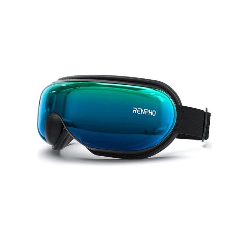 A Renpho EU branded Eyeris 1 Eye Massager - Sliver Teal with a sleek black design and vibrant teal-tinted lenses, isolated on a white background. The device features an adjustable strap for fitting and is engineered for migraine relief.