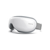A modern, sleek white and gray Eyeris 1 Eye Massager device with an adjustable strap and the brand name "Renpho EU" displayed on the front, isolated on a white background, designed for migraine relief.