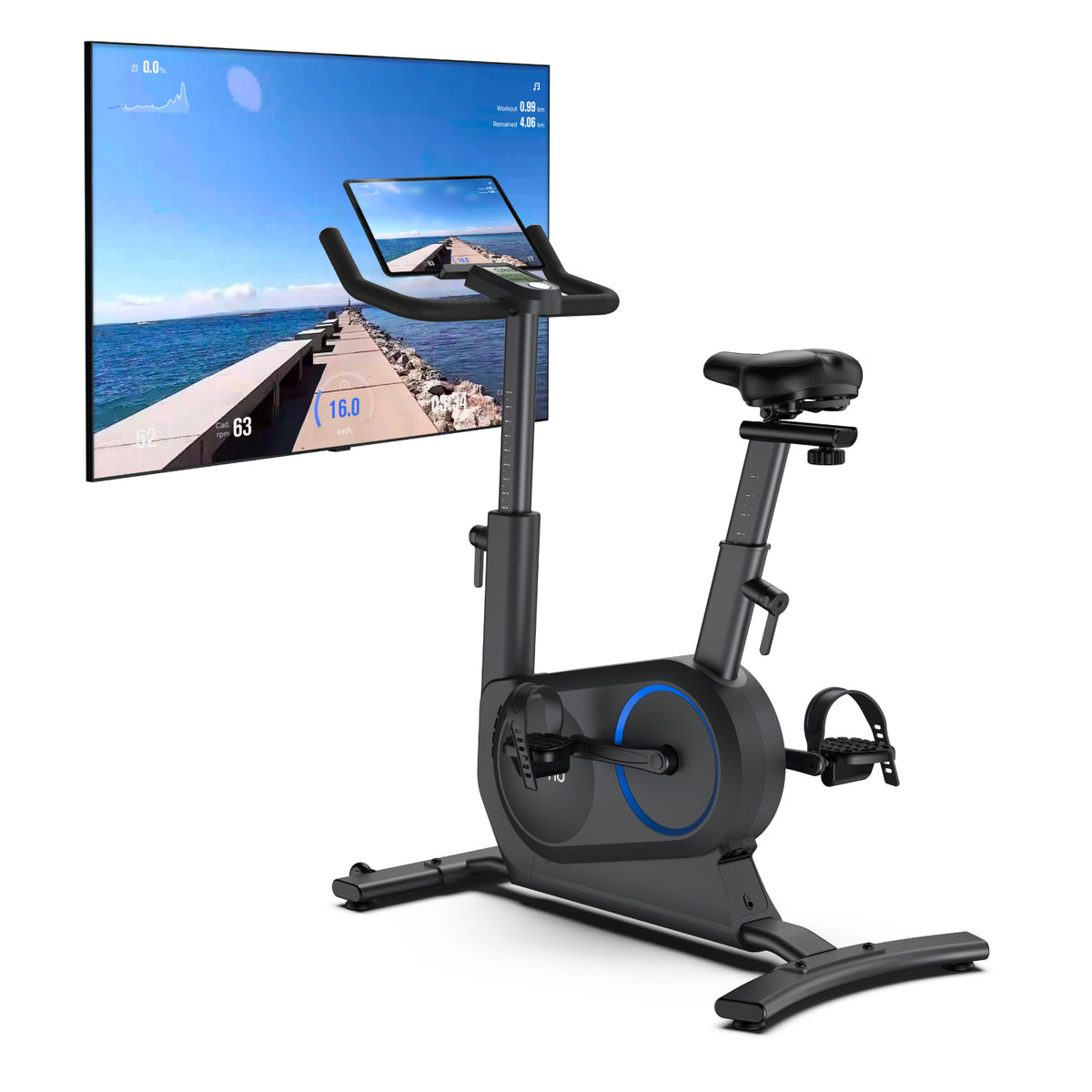 An AI Smart Bike S by Renpho EU with a large digital screen displaying a scenic ocean boardwalk route. The bike is modern with adjustable settings and foot pedals, set on a flat base, designed for optimal fitness.