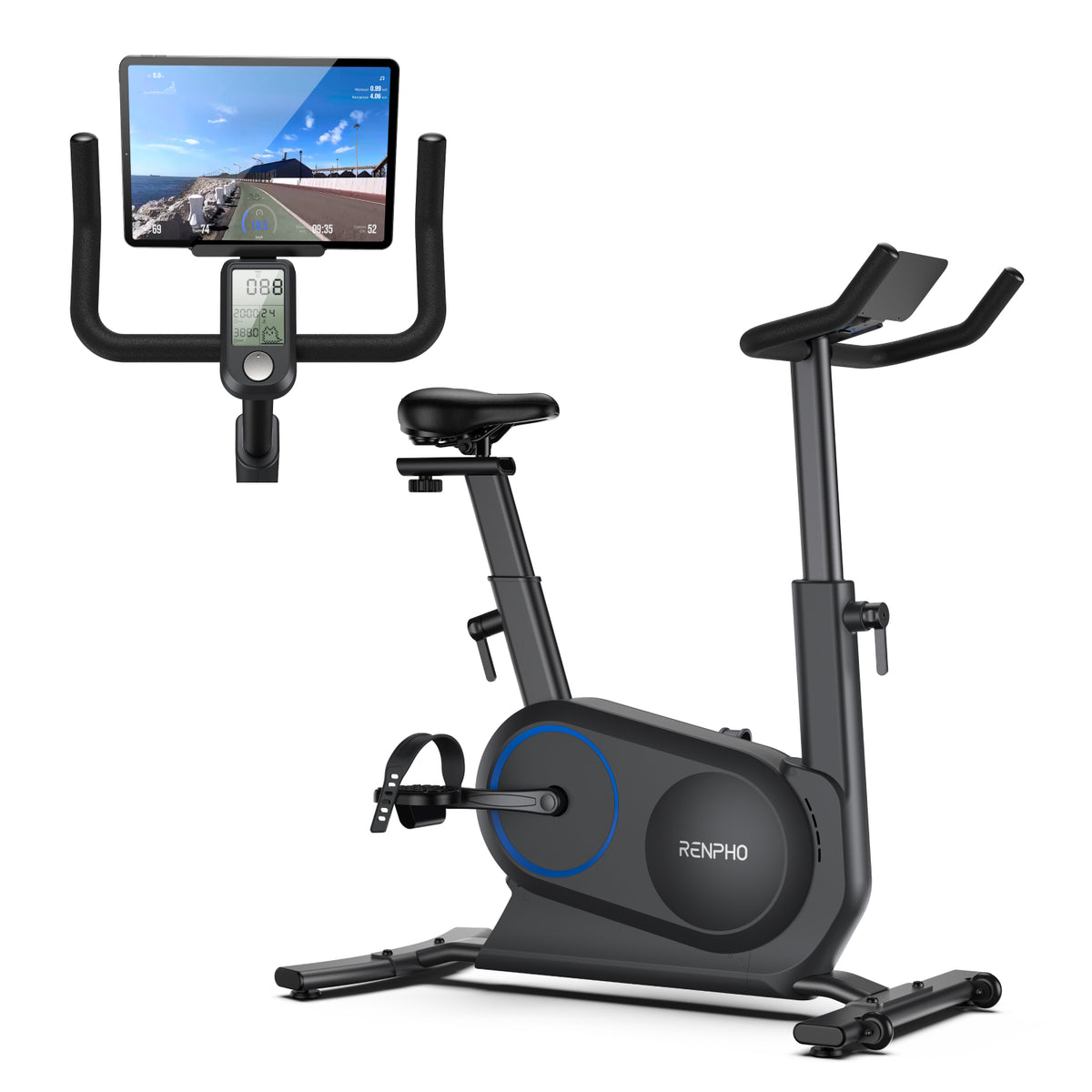 An image of a modern AI Smart Bike S by Renpho EU. It features a sleek design with a digital monitor, a large padded seat, and adjustable handlebars. A tablet is mounted displaying a scenic