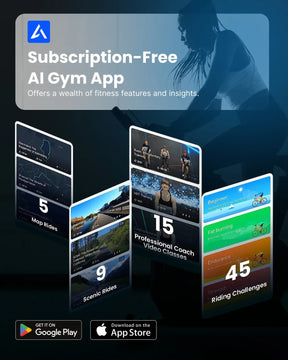 Promotional image of a fitness app showing a person on an exercise bike. The AI Smart Bike S by Renpho EU, described as "Subscription-Free AI Gym App," offers features like 5 Map Rides, 9 Scenic Rides, 15 Professional Coach Video Classes, and 45 Riding Challenges. Enjoy diverse training programs on Google Play and the App Store.