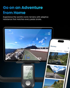 A Renpho EU AI Smart Bike S tablet and smartphone display scenic cycling routes on exercise equipment screens. The tablet shows a seaside road view, while the smartphone features a forest trail. Below them is a small digital bike computer. The text above reads, "Go on an Adventure from Home" and describes immersive fitness experiences with adaptive resistance.