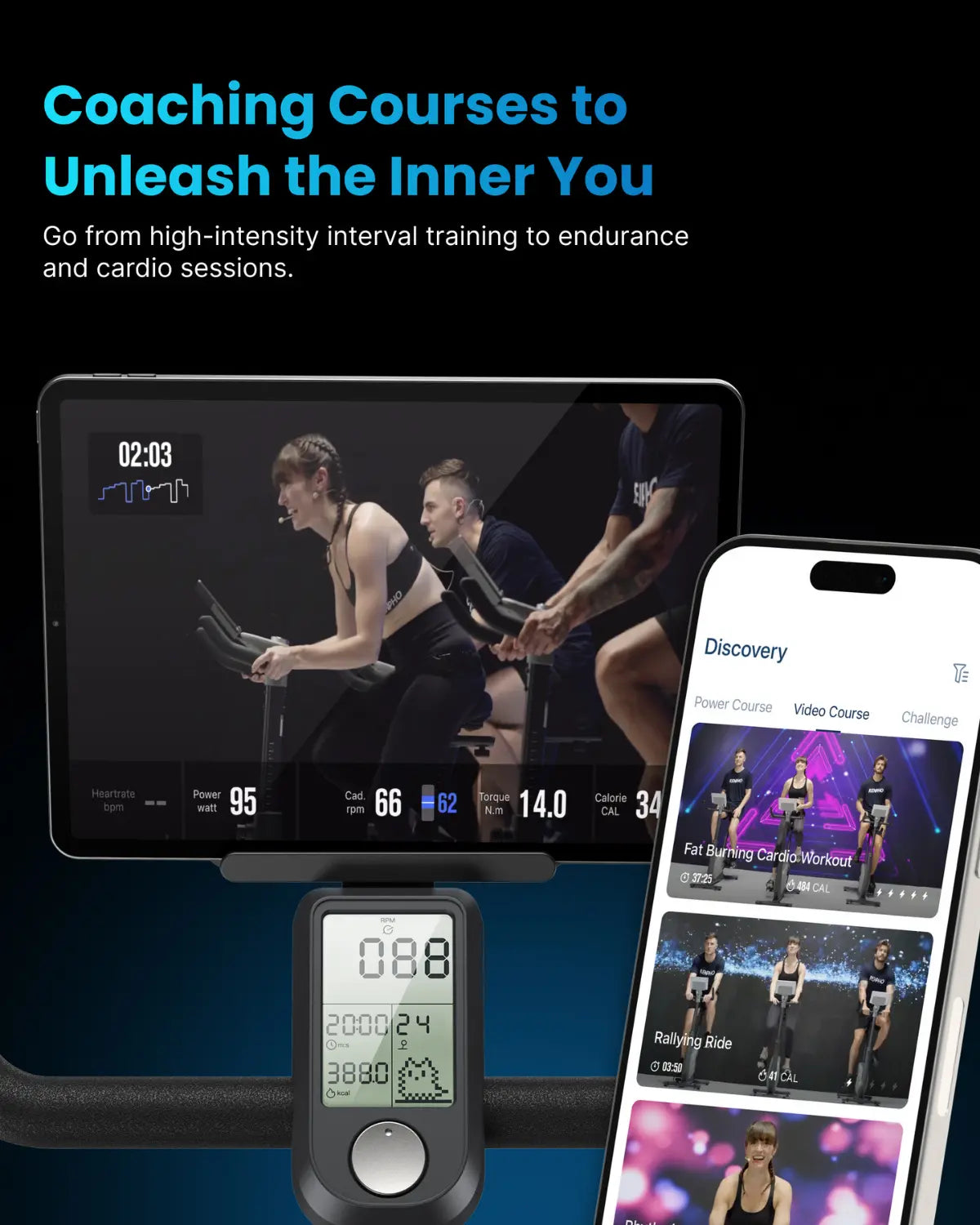 A fitness app advertisement showcases a tablet and smartphone displaying diverse training programs for cycling workouts. The tablet features a live, immersive fitness experience with participants and metrics, while the smartphone lists personalized AI courses. An AI Smart Bike S by Renpho EU showing workout stats is also visible.