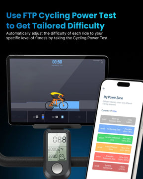 The image displays a tablet showing an AI Smart Bike S by Renpho EU with a cyclist on a virtual track. Above, text reads "Use FTP Cycling Power Test to Get Tailored Difficulty." Below, a fitness tracker shows heart rate and cadence. A smartphone presents "My Power Zone" with different exercise zones for an immersive fitness experience.