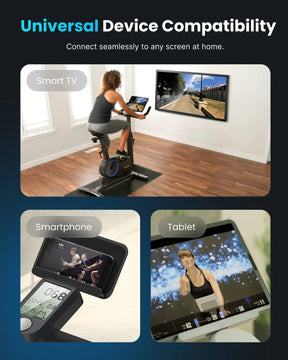 A promotional image showcasing “Universal Device Compatibility” with three sections: a person using a smart TV while cycling on a stationary bike, displaying an immersive fitness experience with the Renpho EU AI Smart Bike S; a smartphone attached to a treadmill displaying diverse training programs; and a tablet showing a workout video.