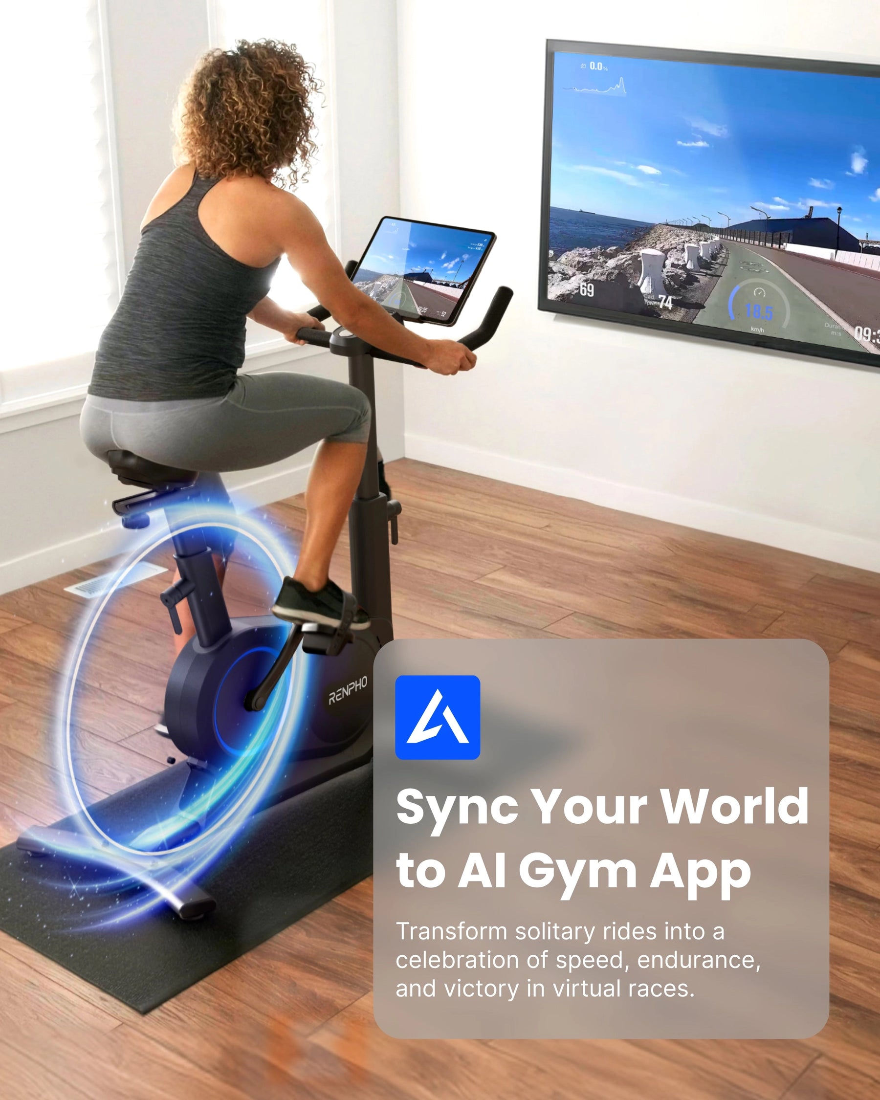 A person with curly hair rides a Renpho EU AI Smart Bike S indoors, facing a screen displaying a virtual cycling route. Text on a translucent overlay reads, "Sync Your World to AI Gym App. Transform solitary rides into a celebration of speed, endurance, and victory in virtual races with your personal trainer.