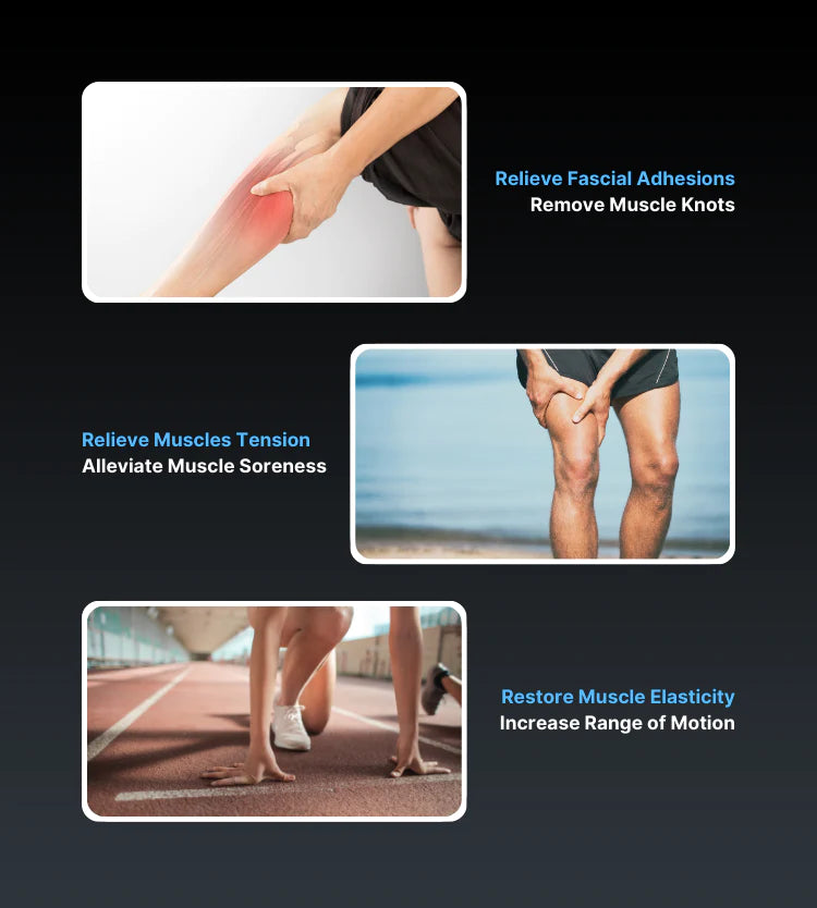 A collage of four images demonstrating muscle relief techniques. Top left: a hand massages a red-tinged calf muscle. Top right: hands grasp a sore knee. Bottom left: a person stretches their leg near a running track. Bottom right: hands press against a thigh with the aid of the RENPHO Active Massage Gun from Renpho EU. Text highlights benefits like relieving adhesions, tension, soreness, and restoring elasticity for optimal muscle recovery.