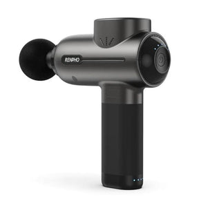 A black and gray RENPHO Active Massage Gun by Renpho EU with a cylindrical body and a rounded head designed for muscle relaxation. The device features a prominent power button on its side, an ergonomic handle for ease of use, Type C charging, and indicator lights near the base. The head has a soft round attachment.