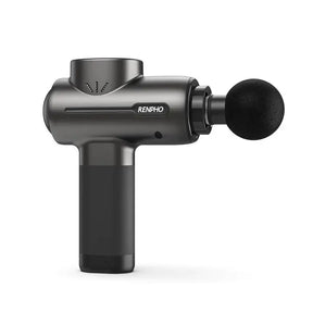 A RENPHO Active Massage Gun with a sleek, metallic gray design labeled "Renpho EU." It has a black cylindrical handle and a round black attachment head at the end for delivering percussive therapy. With Type C charging, this modern device is perfect for muscle relaxation and pain relief.