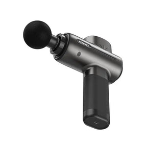 A black RENPHO Active Massage Gun with a sleek, metallic finish. It has a short, cylindrical handle and a spherical black massage head attached to the rounded end. A small Type C charging port is visible at the base of the handle. The brand name "Renpho EU" is printed on the side, perfect for muscle relaxation.