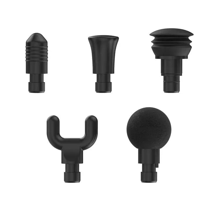 A set of five different black RENPHO Active Massage Gun heads by Renpho EU, designed for muscle relaxation, arranged in a V-shape on a white background. Top row: bullet head, flat head, and spinal head. Bottom row: U-shaped head and ball head. Each attachment targets various muscle groups and offers unique massage experiences.