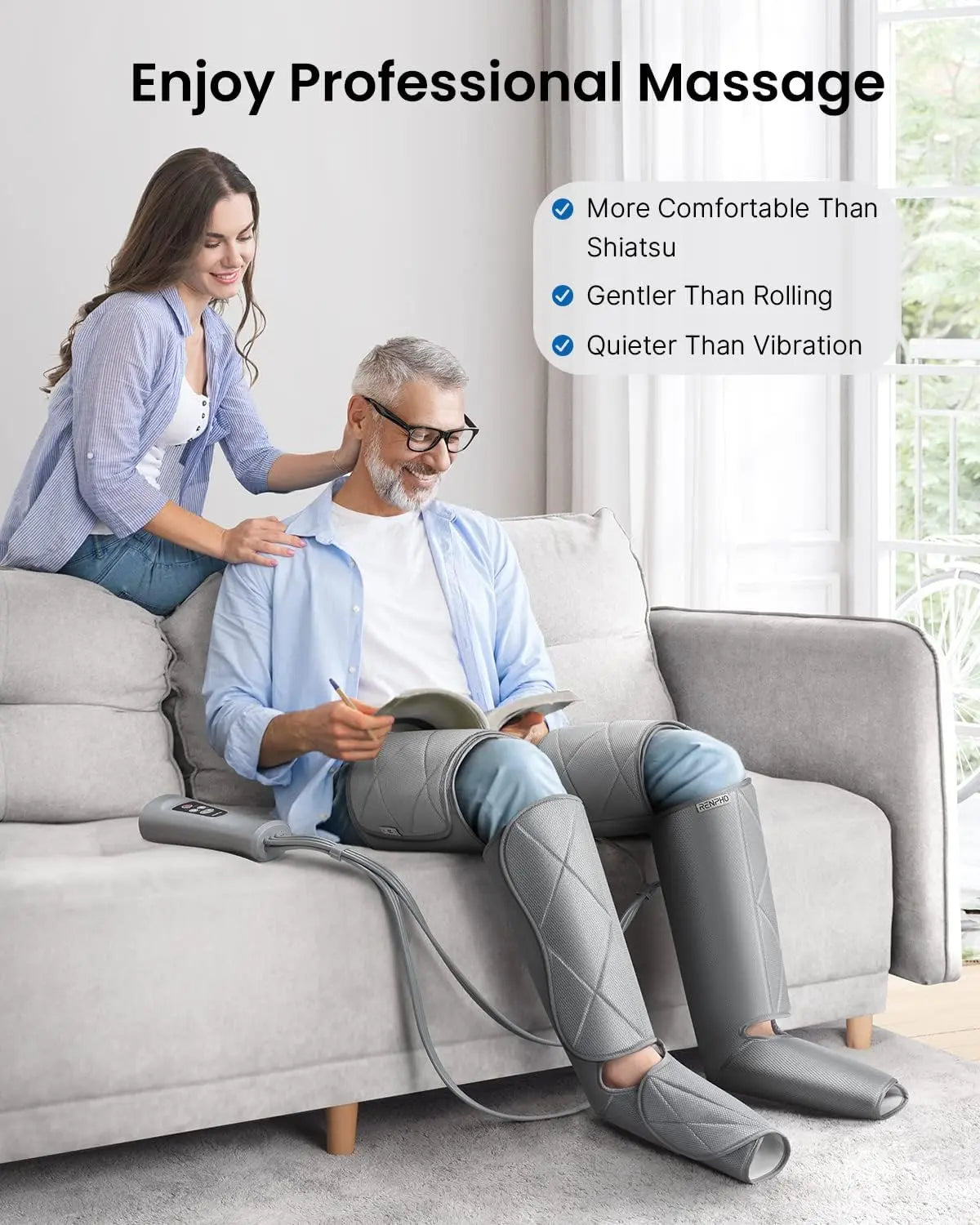 An older man sits on a gray couch wearing Aeria Ultimate Thermal Full Leg Massager devices by Renpho EU, reading while a younger woman stands behind him smiling. Text above reads "Enjoy Professional Massage," with a side list that says "More Comfortable Than Shiatsu," "Gentler Than Rolling," "Quieter Than Vibration," and "Heat Comfort for Ultimate Tension Relief.