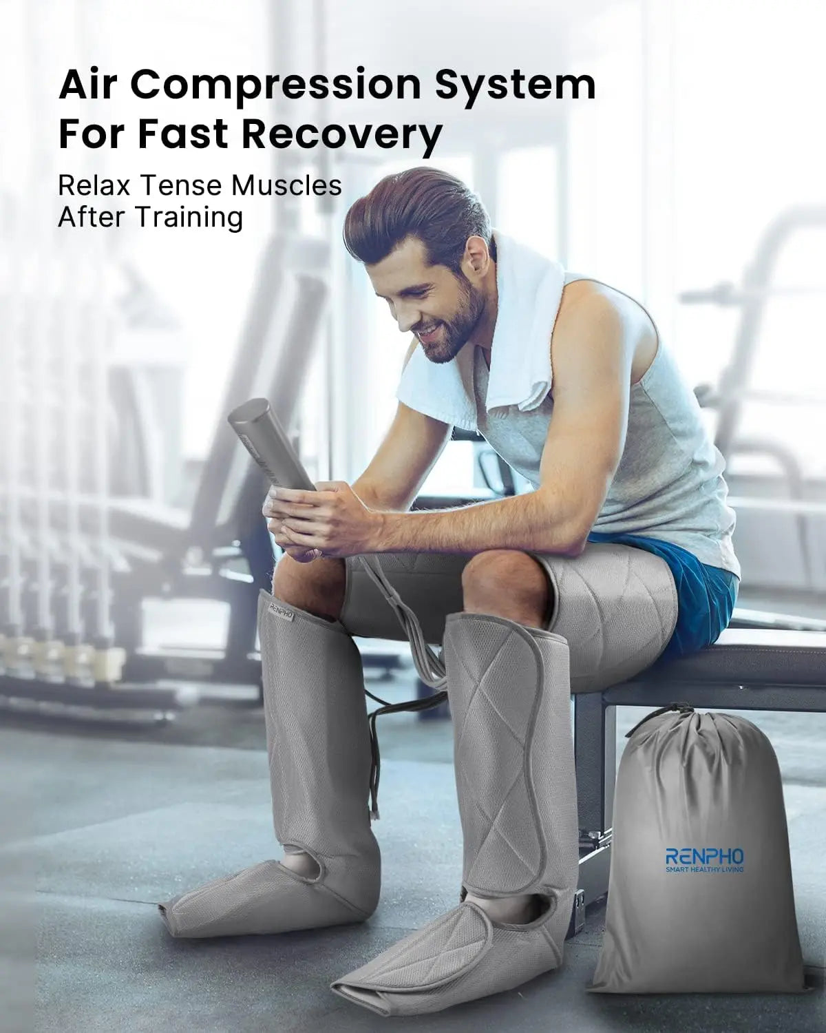 A man in a gym sits on a bench, wearing an Aeria Ultimate Thermal Full Leg Massager on his legs and feet. He has a towel around his neck and holds a remote control for the device. Text on the image reads "Aeria Ultimate Thermal Full Leg Massager For Fast Recovery: Relax Tense Muscles After Training with Wrap-Around Solution." An Renpho EU-brand bag is on the floor.