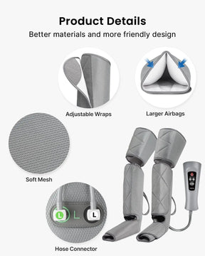 Product features of the Aeria Ultimate Thermal Full Leg Massager by Renpho EU include adjustable wraps, larger airbags, soft mesh material, and labeled hose connectors for improved tension relief. The image shows two grey leg wraps with a handheld controller, highlighting various design elements for enhanced comfort and functionality.