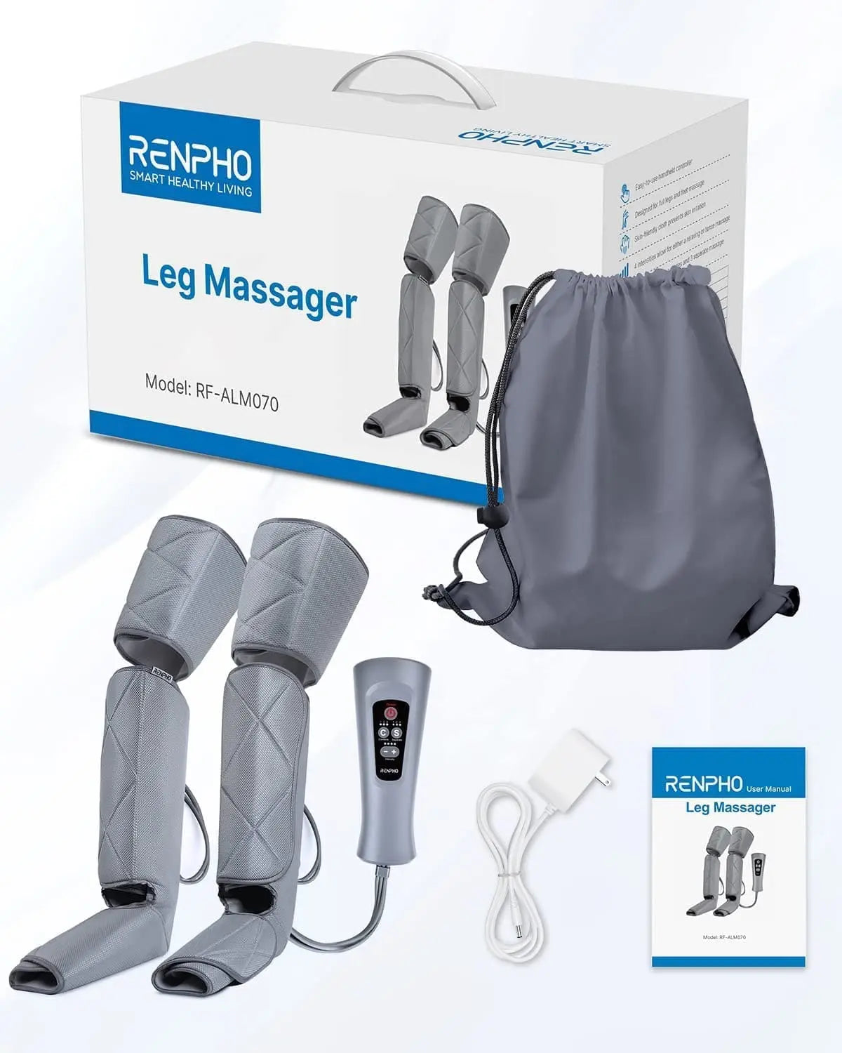 An image shows the Renpho EU Aeria Ultimate Thermal Full Leg Massager with air compression and heat comfort. The set includes two grey leg cuffs, a remote control, a power adapter, a carrying bag, and a user manual. The packaging features product images and branding with the slogan "Smart Healthy Living." Model number RF-ALM070 is visible.