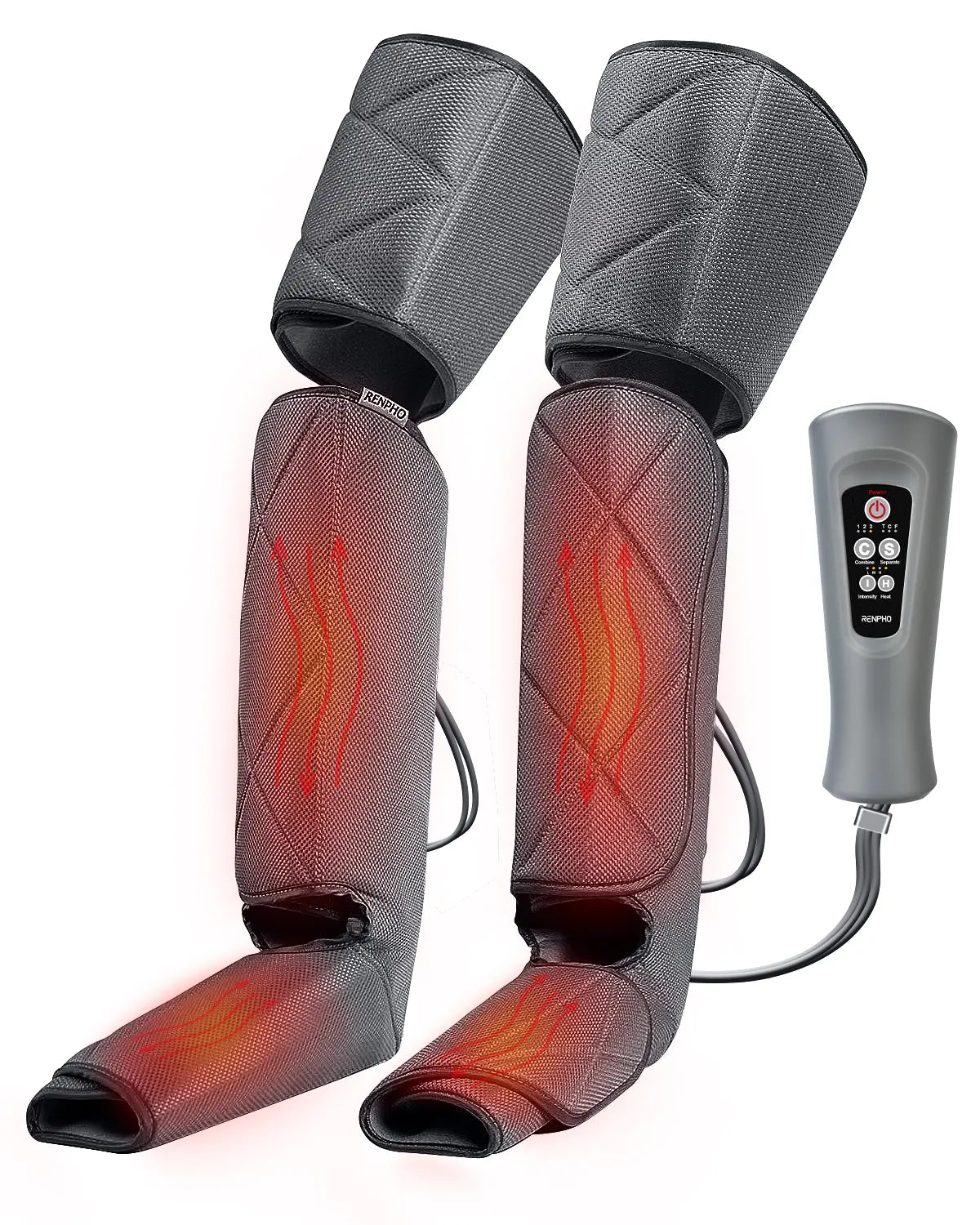 The Aeria Ultimate Thermal Full Leg Massager by Renpho EU, a pair of gray leg massagers with heat settings, provides comforting red waves to relieve tension. This wrap-around solution covers calves and feet and connects to a gray remote control with multiple buttons for various settings. The remote features a black display and a power button for easy operation.