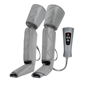 Gray Renpho EU Aeria Ultimate Thermal Full Leg Massager wraps with diamond-patterned stitching are displayed. Each wrap-around solution has tubing connected to a handheld control unit, featuring buttons for power, mode selection, and intensity adjustments. The control unit offers tension relief with a digital display and a coiled wire connecting to the wraps.