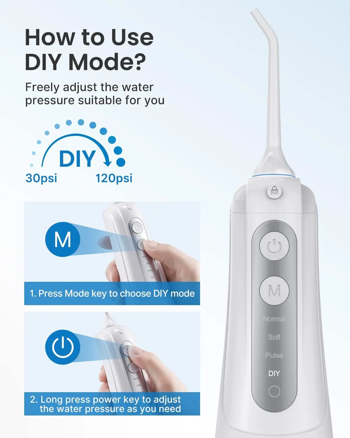 An instructional image for a Renpho EU Cordless Water Flosser with 360° rotating tips. It shows how to use the DIY mode to adjust the high pressure water jet. The device, featuring control buttons, is depicted next to explanatory text. Step 1: Press the Mode key to choose DIY mode. Step 2: Press the power key longer to adjust the water pressure.