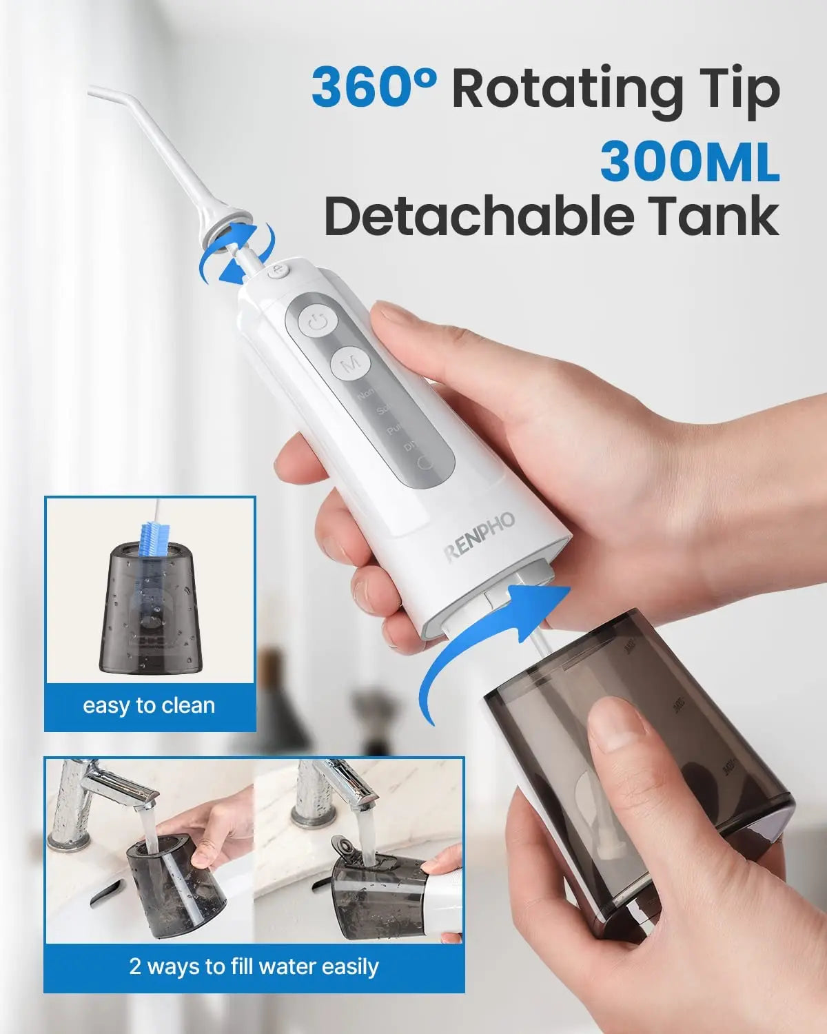 Image of a white Renpho EU Cordless Water Flosser being demonstrated. Key features include 360° rotating tips and a 300ML detachable tank. Insets show the tank being cleaned and filled, highlighting two easy filling methods: directly from a faucet and pouring from another container.