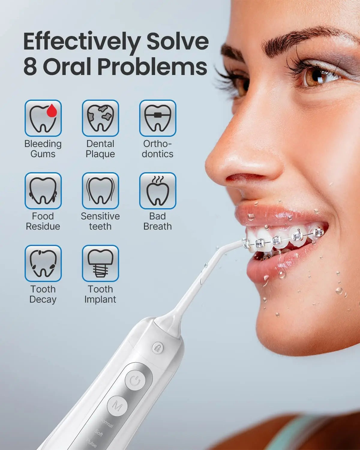 A person with braces uses a Renpho EU Cordless Water Flosser, with water droplets visible around their mouth. Text on the left reads "Effectively Solve 8 Oral Problems" with icons and labels: Bleeding Gums, Dental Plaque, Orthodontics, Food Residue, Sensitive Teeth, Bad Breath, Tooth Decay, Tooth Implant. The Renpho EU Cordless Water Flosser features high pressure water jet