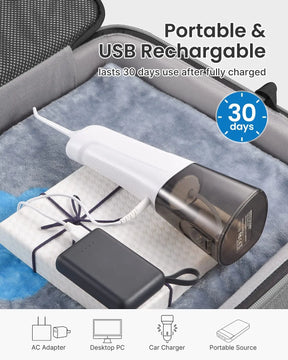 A white Renpho EU Cordless Water Flosser is placed in a gray suitcase on top of a soft, blue fabric. The water flosser is connected to a black portable charger. The text highlights the water flosser's portability, 360° rotating tips, USB rechargeability, and 30-day battery life after a full charge. Various charging options are illustrated.
