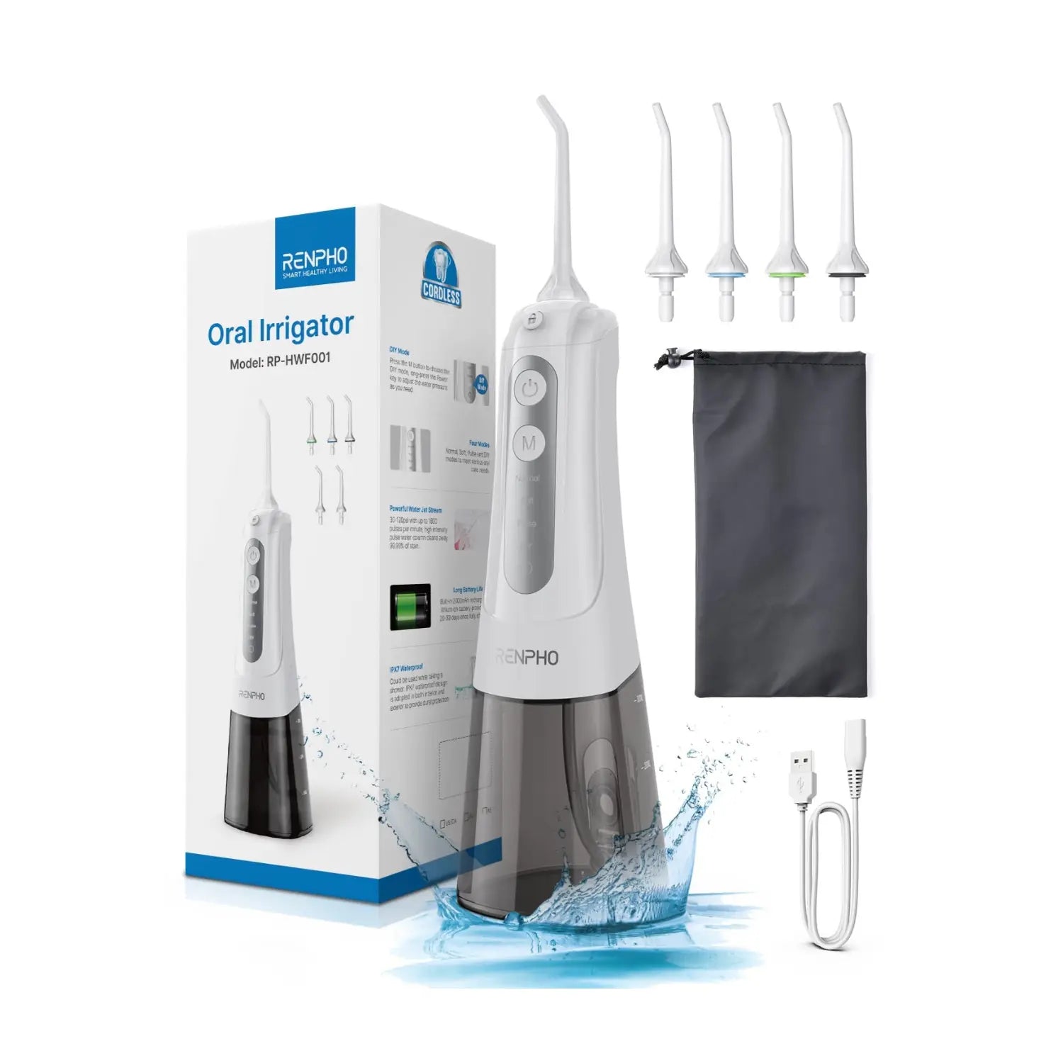Image of a Renpho EU Cordless Water Flosser set. It includes a sleek white and gray Professional Hydropulse Jet device, four different 360° Rotating Tips, a gray storage pouch, and a USB charging cable. The packaging showcases product features with illustrations. The irrigator is shown with splashes of water, emphasizing its use as an innovative Dental Floss Alternative.