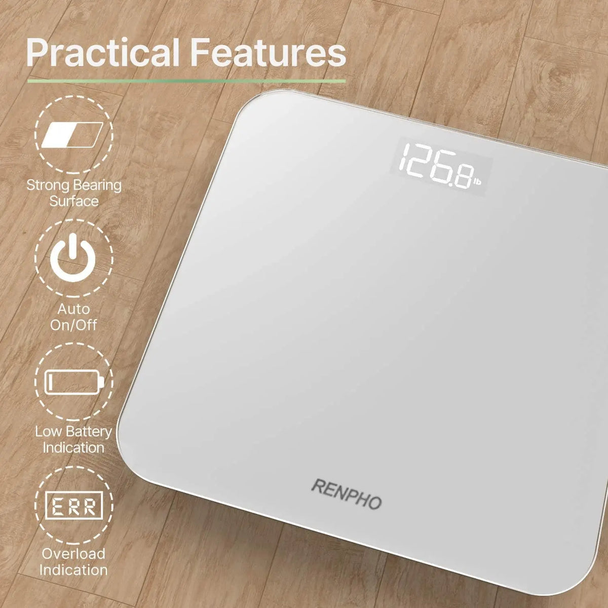 A sleek design, **Core 1S Bathroom Scale** with a white surface displays a body measurement of "126.8 lb." on a wooden floor. Feature highlights to the left include strong bearing surface, auto on/off, low battery indication, and overload indication. The brand "**Renpho EU**" is visible at the bottom.